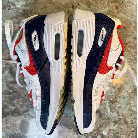 Nike Air Max 90 Kids Size 3Y White Navy Red Casual Sneakers DJ5178 Shoes Kicks - Picture 3 of 5